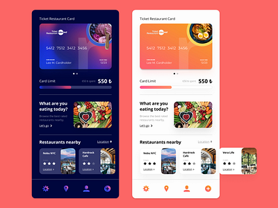 Ticket Restaurant Card animation app app design balance branding cards cards ui creditcard design flat gradient illustration mobile app mobile ui restaurant app restaurant branding typography ui ux vector