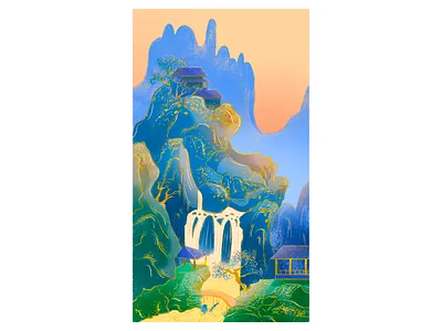 Chinese Landscape drawing gold foil landscape painting procreate art