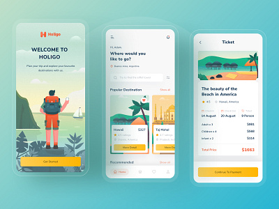 Holigo mobile app design 🌟 beach branding buy design explore green illustration ios kit landing logo mobile product start ticket traveling typography ui ux vector