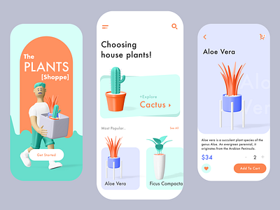 Plants App Exploration 3d 3d character app app design cart ecommerce exploration green indoor plants mobile ui design orange plants plants app shopping app ui ui design ux wvelabs