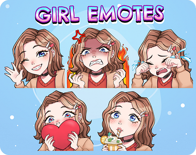 Brown Hair & Blue Eyes - 5 Girl Emotes for Twitch chibi emote girl emote twitch emote