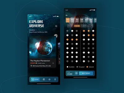 Planetarium Booking App booking dark ui gradients minimalist modern design planet planetarium product design ui uidesign uiux ux