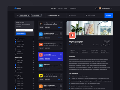 Job Search Platform - Dark booking card dashboad freelancer interaction design job job application job board job listing job search job seeker jobs landing page professional real estate saas social uiux web design webapps