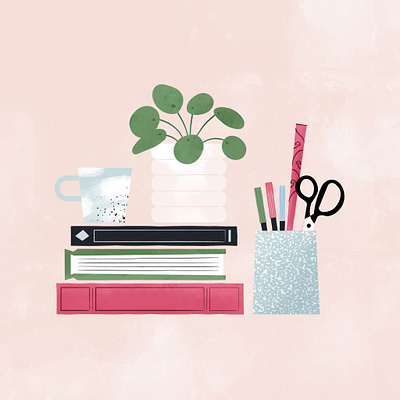 Workspace books desk feminine illustration mid century paint pilea plant procreate scissors sketch texture vintage workspace