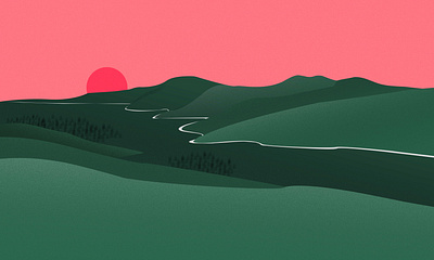 Hills and sunset illustration dreamy aesthetic geometric illustration minimalist nature illustration road trip shades of green sunset valley