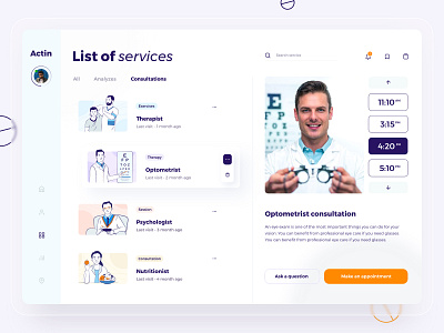 List of Services UI dashboard blur button button design clinic dashboard ui dashboard ux design doctor doctor appointment eye illustration illustrations medicine orange pills sidebar therapist time ui ux