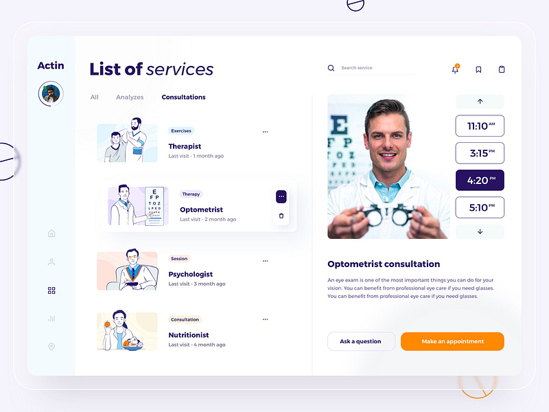 List of Services UI dashboard blur button button design clinic dashboard ui dashboard ux design doctor doctor appointment eye illustration illustrations medicine orange pills sidebar therapist time ui ux