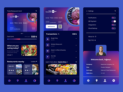 Ticket Restaurant Card - Dark UI app app design app ui card app credit card dark ui design illustration illustrator minimal mobile app mobile app design restaurant restaurant app typography ui uidesign ux vector web
