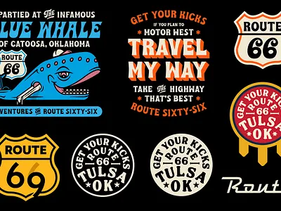 Route 66 Graphics apparel badge blue whale branding design illustration mark travel tulsa typography whale