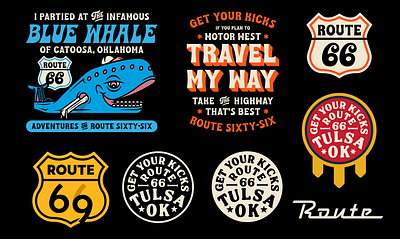 Route 66 Graphics apparel badge blue whale branding design illustration mark travel tulsa typography whale