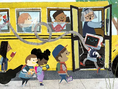 Back to school 🚍 🤖 🍎 📝 ⁠ back to school book illustration childrens book childrens book illustration childrens illustration illustration kidlitart picture book robot school story