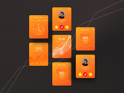 Smart Watch Interface Design app design application design designer figma figmadesign inspiration interface minimalist modern orange shadows smartwatch statistics ui ux watch