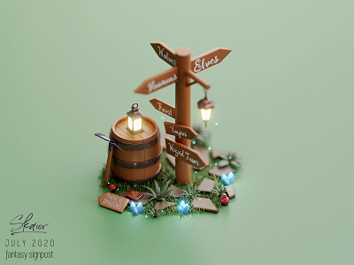 Fantasy Signpost Diorama 3d illustration 3d modeling barrel blender blender3d blue celtic knot crystals diorama elves isometric lantern potions red signpost