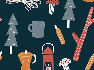 Outdoor adventure camping pattern adventure blue camping elements espresso gold gray grey illustration lantern mushroom navy outdoor pattern repeat rope seamless stick trees