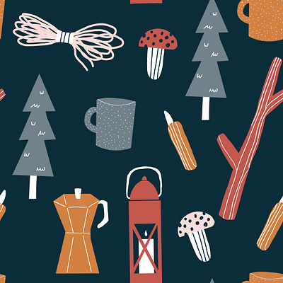 Outdoor adventure camping pattern adventure blue camping elements espresso gold gray grey illustration lantern mushroom navy outdoor pattern repeat rope seamless stick trees