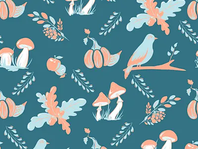 Autumn pattern autumn bird birds botanical botanical illustration digital illustration digitalart illustration mushroom pattern pumpkin