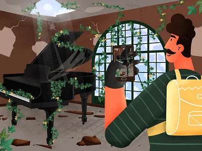 Urban exploration series: part 2 adventure brush character character design curly explorer flower grain illustration ivy music mustache piano plant ruin stripes texture urban exploration urbex