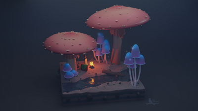 Mushroom Forest 3d 3d art 3d artist blender3d fire forest illustration isometric isometric art isometric illustration low poly lowpoly lowpoly3d lowpolyart mushroom print sword