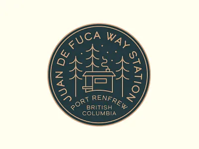 Juan de Fuca Way Station Logo badge branding camping caribou creative forest laura prpich log cabin logo monoline pnw vancouver island vector