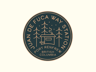 Juan de Fuca Way Station Logo badge branding camping caribou creative forest laura prpich log cabin logo monoline pnw vancouver island vector