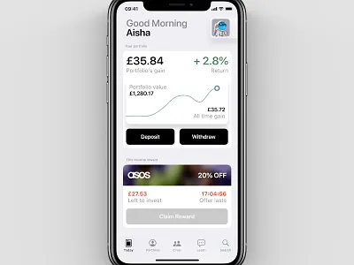 Mercury investment today view app app design asos black clean grey investing investment ios iphone iphonex mercury minimal product design reward stock stocks today ui white