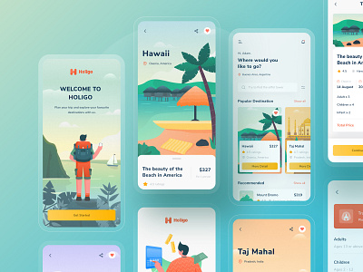 Holigo mobile app design complete screens 🌟 adventure beach blog buy details download explore green home illustration ios kit landing mobile search start ticket traveling ui website