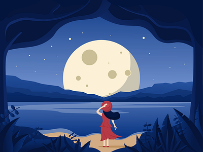 Enjoy the moon beach environment girl illustration lake moon nature night