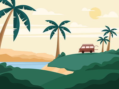 Van on The beach beach car day environment green hill illustration nature sunny vacation van