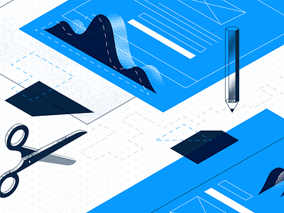 Process Makes Perfect blue creative design halftone illustration isometric pencil play scissors texture vector