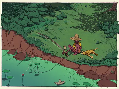 Fishing dog fishing illustration leisure nature outdoors pencil relaxed trees