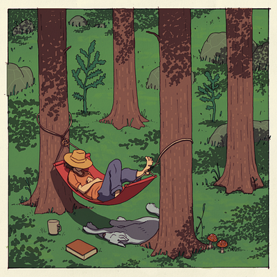 Hammock amanita muscaria chilling dog forest hammock illustration leisure nap outdoors pencil wacom wildlife wolf