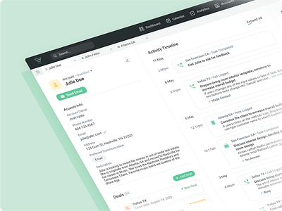 CRM Customer Profile for Salesdash account activity crm customer customer profile dashboard deal figma green isometric log page profile roboto salesdash task timeline ui vindar web design