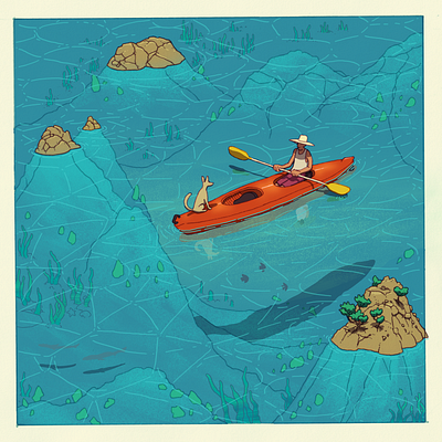 Kayak boat canoe companion dog editorial fish illustration kayak leisure ocean sea wildlife