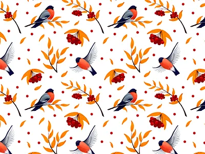 Rowan and bullfinch art autumn autumn collection birds botanical art design illustration inspiration pattern postcard postcard design vector