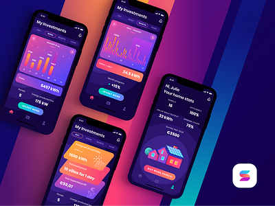 Solar Power app screens app app icon branding dark dark ui gradient interface logo power product product design solar stats ui