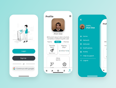 sports app - UI 2020 app app design design inspiration login screen menu mobile mobile app mobile ui mobolie app profile sports ui ux