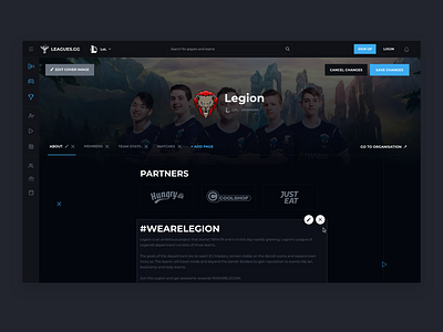 Leagues.gg - eSport team page builder dark dark mode dashboard ui design desktop edit esport esport team esports gaming interface interface design league of legends lol riot games team page ui ux web design