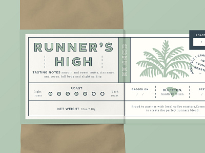 Runner's High Coffee Label - Pt. 2 bag coffee coffee label coffee packaging dark roast green high label label design low country package design packaging palm tree palmetto roasted run runner south carolina stamp