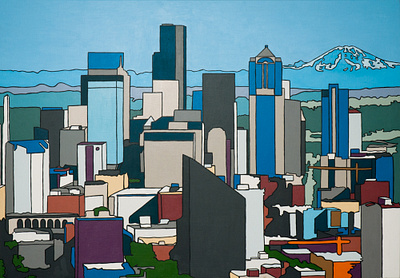 Seattle acrylic canvas cityscape landscape mount rainer painting pop art washington