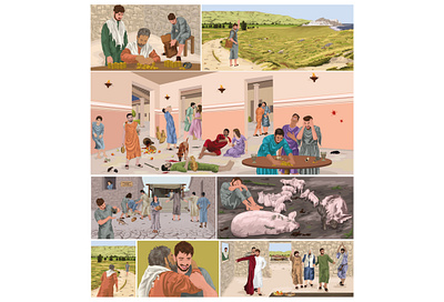 The Parable Of The Prodigal Son Storyboard (Luke 15) adobe illustrator bible bible design bible story christian christian design design digital art digital illustration digital painting faith illustration landscape luke 15 new testament prodigal son religious art vector