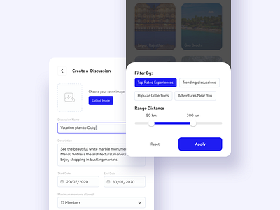 Screen for search filters and create a discussion add new app app design bottomsheet clean create new design discussions fliter form interface minimal mobile range slider ui user experience userinterface ux visual visual design