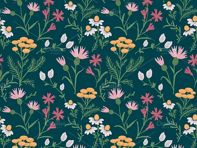 Meadow pattern carnation chamomile decorative floral flower herb meadow pattern pink red seamless surface design tansy texture wild yellow
