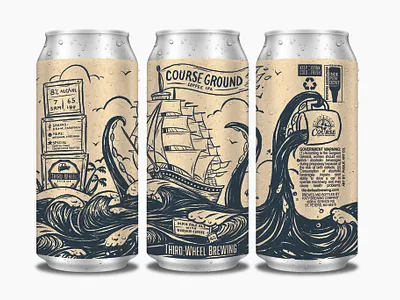 Course Ground Coffee IPA beer beer can branding cartoon coffee handlettering hops illustration ipa island kraken label octopus packaging palm pirate ship tattoo