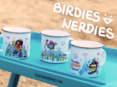 Enamel Mugs Designs branding camping character design childrenillustration colourful design enamel mugs graphic design hikig illustration kids illustration mountain biking mountaneering mountans mugs skiing typography vector art