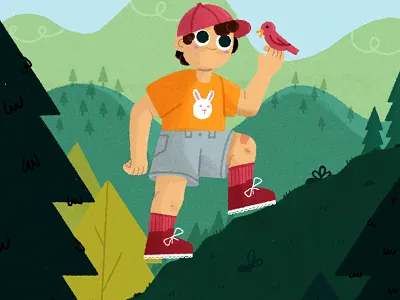 ヽ║ ˘ _ ˘ ║ノ bird camp camper character character design child forest hike hiking illustration illustrator kid kid illustration kidlit texture vector walk