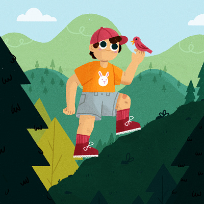 ヽ║ ˘ _ ˘ ║ノ bird camp camper character character design child forest hike hiking illustration illustrator kid kid illustration kidlit texture vector walk