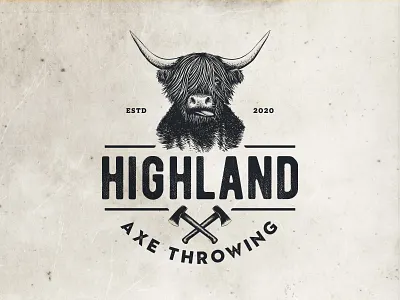 Highland Axe Throwing Logo axe axe throwing classic cow design drawing highland illustration logo logo design scotland vector vintage