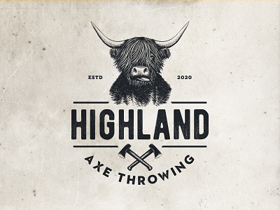 Highland Axe Throwing Logo axe axe throwing classic cow design drawing highland illustration logo logo design scotland vector vintage