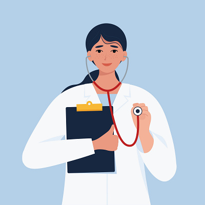 Cute Female doctor with stethoscope banner consulting cute design digital doctor female flat flatdesign health illustration medical medicine nurse online pandemic stethoscope vector woman young