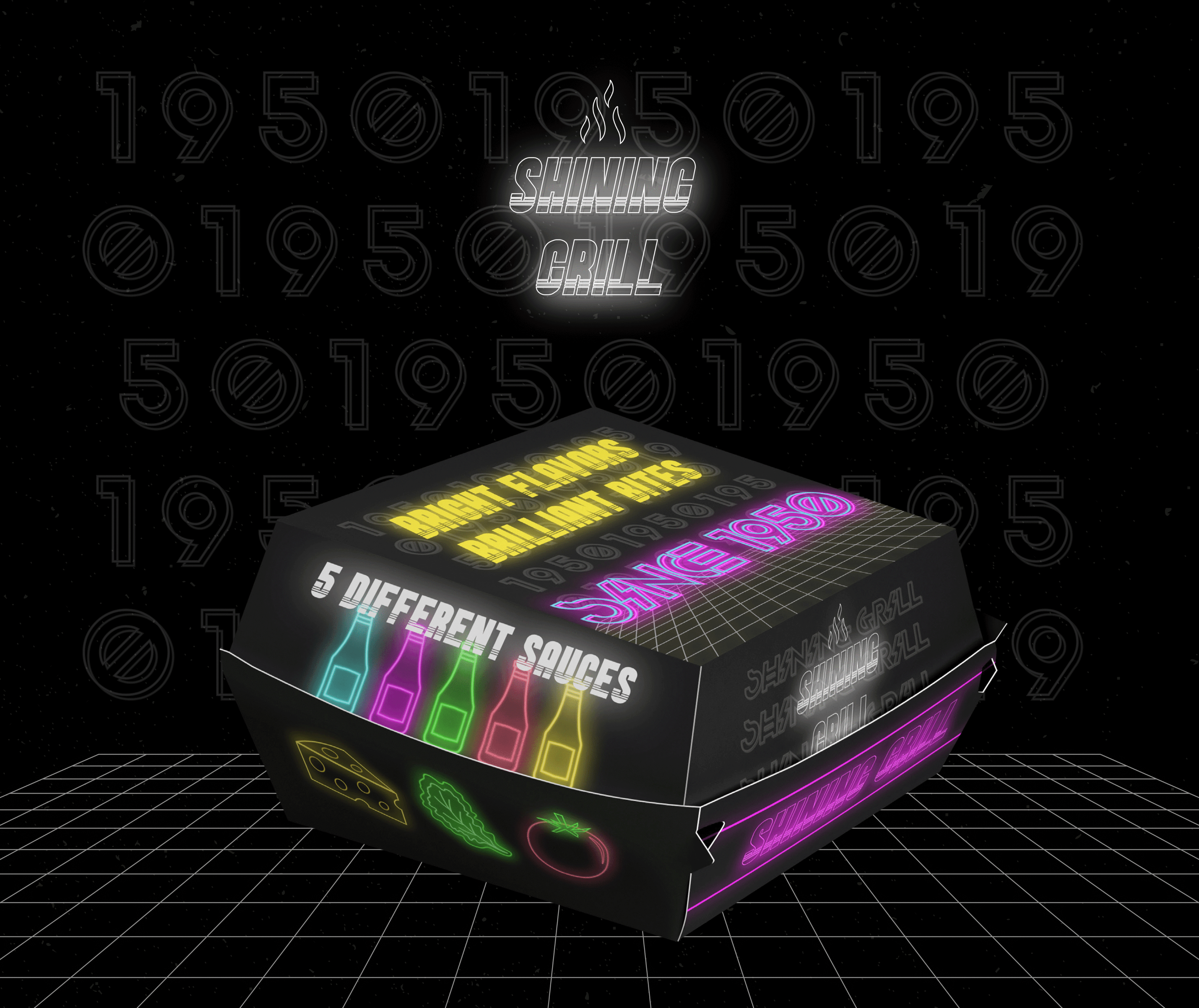 Shining Grill Burger Brand Packaging and Poster Design 80s brand design branding burger burger brand burger packaging graphic design logo logo design neon package package design packaging packaging design poster poster design retro retro design typography typography design